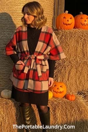 14. Black Knit Dress with Plaid Poncho and Belt