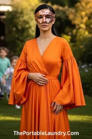 14. Burnt Orange Gown with Dramatic Sleeves