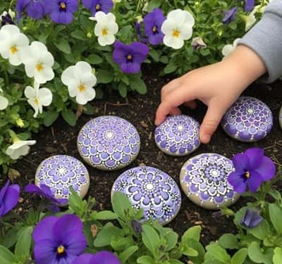 14. Painted Rocks with Purple & White Mandalas