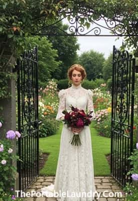 14. Vintage-Inspired Gown with High Collar and Embroidered Bodice
