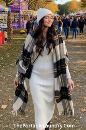 15. Cream Ribbed Midi Dress with Blanket Scarf and Beanie