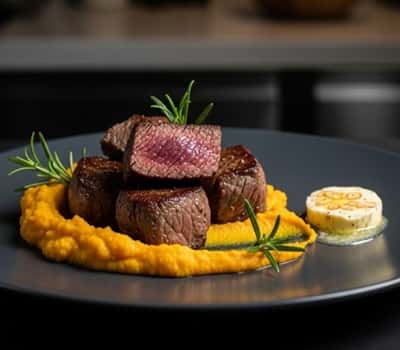15. Pan-Seared Steak Bites with Garlic Pumpkin Mash