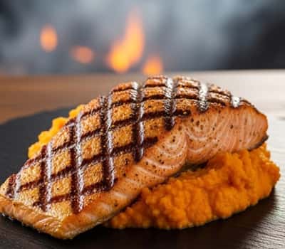 15. Smoky Grilled Salmon with Charred Sweet Potato Mash