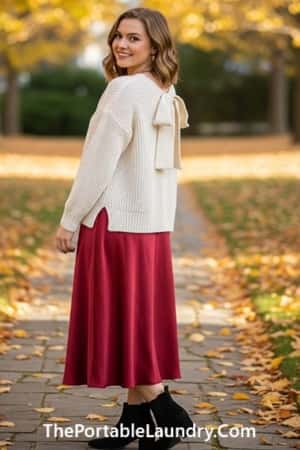 2. Bow-Back Sweater + Midi Skirt Combo