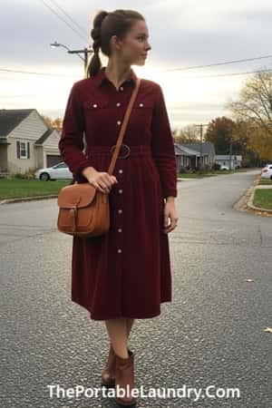 2. Corduroy Button-Down Midi with Leather Crossbody
