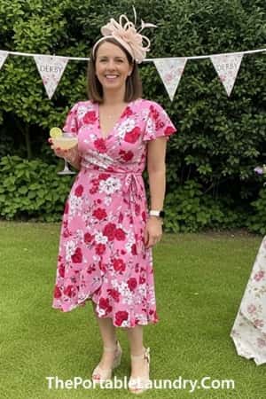 2. Floral Wrap Dress with Low Wedges and a Tiny Fascinator