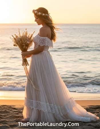 2. Off-Shoulder Tulle Dress with Lace Trim and Barefoot Sandals