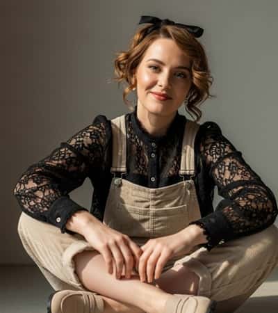 3. Black Lace Blouse + Corduroy Overalls