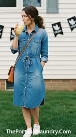 3. Chambray Button-Down Dress + White Sneakers + Crossbody Bag