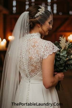 3. High-Neck Lace Gown with Cap Sleeves and Vintage Buttons