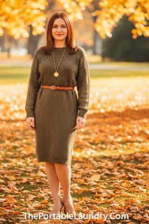 3. Olive Green Sweater Dress with Gold Accessories