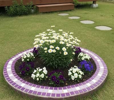 4. Purple & White Mosaic Tile Border Around Flower Beds