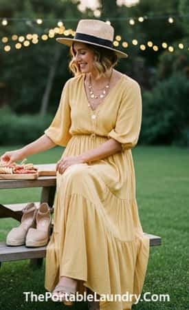 4. Ruffled Maxi Dress with Straw Fedora and Layered Necklaces