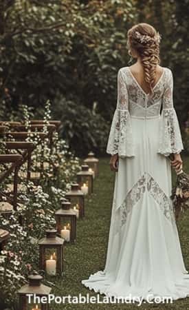 5. Bell Sleeve Gown with Sheer Lace Panels and Soft A-Line Skirt