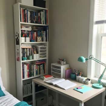 5. Corner Bookshelf + Rolling Desk Combo