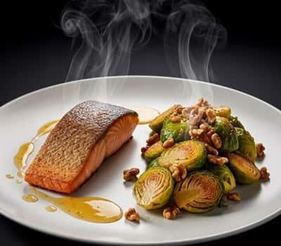 5. Crispy Skin Salmon with Apple-Cider Glazed Brussels