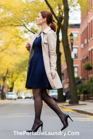 5. Navy Blue Fit-and-Flare with Tights and Trench