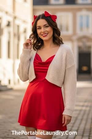 5. Red Satin Dress + Cream Shrug + Bow Clips