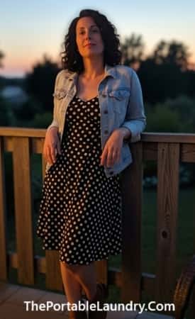 5. Sleeveless Polka Dot Dress + Denim Jacket + Booties
