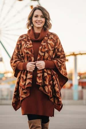 5. Turtleneck Dress + Wool Poncho Power Combo