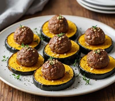 6. Garlic Butter Bison Meatballs over Roasted Acorn Squash