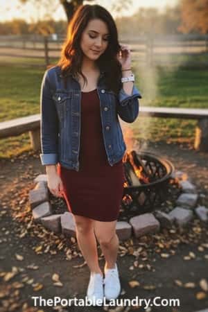 6. Maroon Bodycon Dress with a Denim Jacket