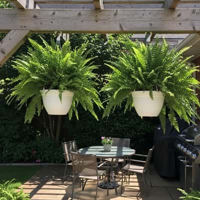 6. White Hanging Basket Planters with Ferns