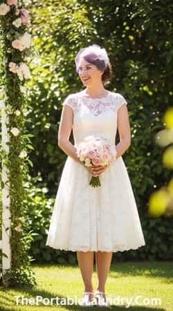 7. Tea-Length Vintage Lace Dress with Illusion Neckline