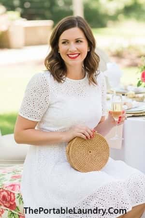 7. White Eyelet Dress + Bold Red Lip + Straw Clutch