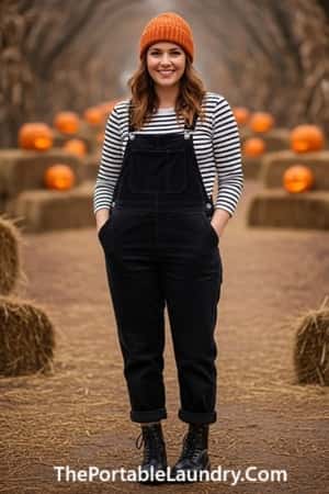 8. Black Overalls + Striped Tee = Spooky Chic