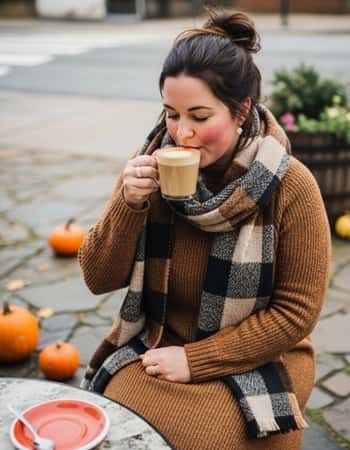 8. Caramel Knit Dress with Oversized Scarf