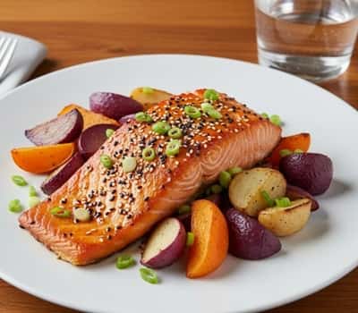 8. Miso-Glazed Salmon with Roasted Root Veggies