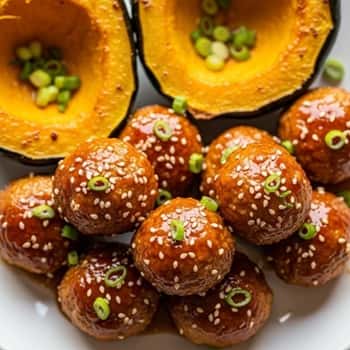 8. Sriracha Honey Glazed Meatballs with Roasted Acorn Squash
