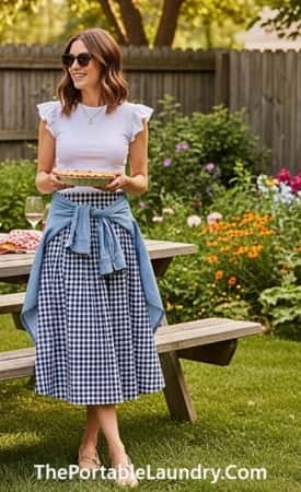 9. Gingham Midi Skirt + White Tee + Denim Shirt Tied at Waist