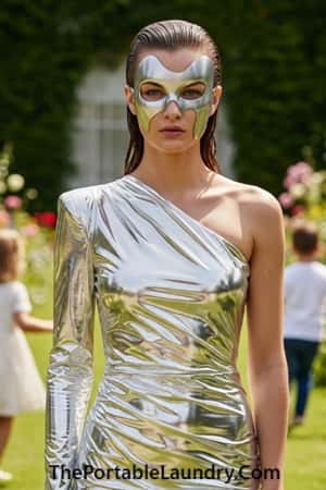 9. One-Shoulder Metallic Dress with Abstract Mask
