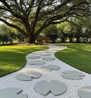 9. White Stone Stepping “Lily Pads” on Lawn