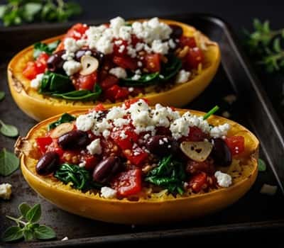 12. Spaghetti Squash Boats with Mediterranean Topping