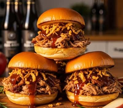 4. Apple Cider Pulled Pork Sliders with Crispy Onions