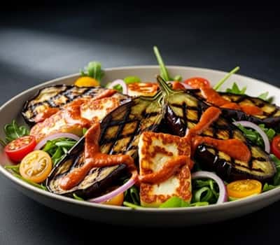 5. Grilled Eggplant & Halloumi Salad with Warm Harissa Vinaigrette