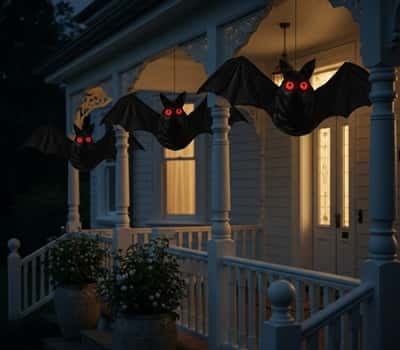 6. Trash Bag Hanging Bats with Glowing Eyes