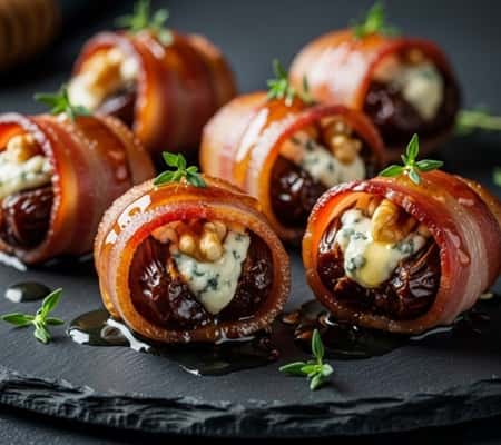 7. Bacon-Wrapped Dates Stuffed with Blue Cheese and Walnuts