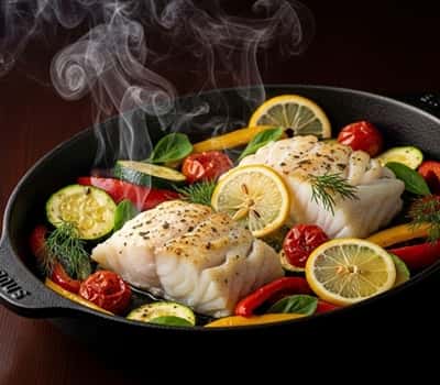 7. Baked Cod with Lemon, Garlic & Roasted Veggie Medley