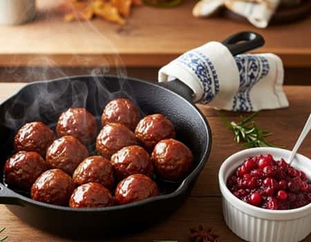 9. Maple-Bourbon Glazed Meatballs with Cranberry Dipping Sauce