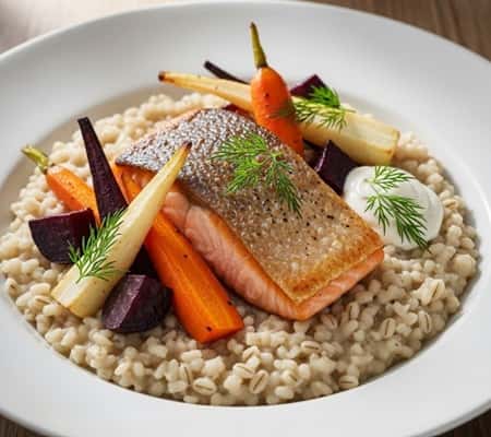 12. Nordic-Inspired Salmon and Barley Risotto with Roasted Root Vegetables