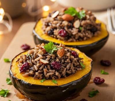 14. Middle Eastern Stuffed Acorn Squash with Wild Rice and Cranberries