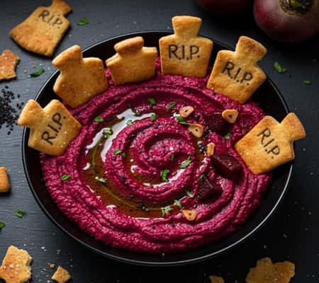 2. Bloody Beet Hummus with Pita Tombstones