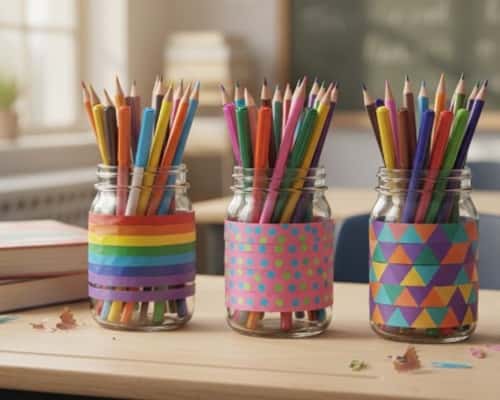 2. Mason Jar Pencil Holders with Washi Tape