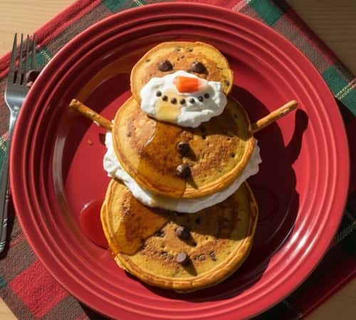 10. Pumpkin Chocolate Chip Pancake Snowmen