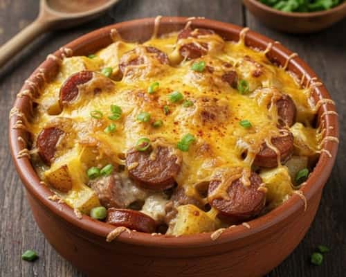 10. Slow Cooker Cheesy Sausage & Potato Casserole