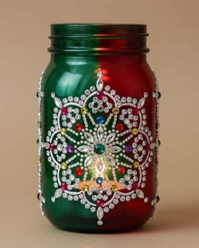 5. Mason Jar Lanterns with Rangoli Touch